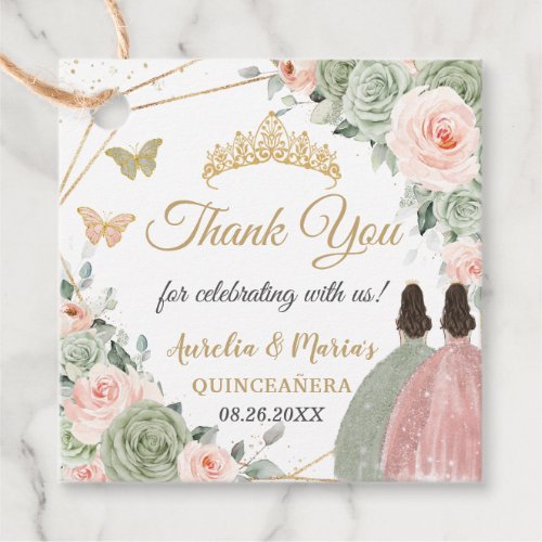 Sage Green Blush Floral Twin Girls Quinceaera Favor Tags
