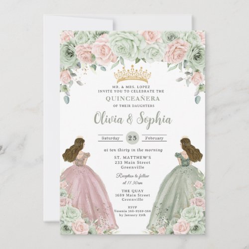 Sage Green Blush Floral Twin Girls Quinceaera  Invitation