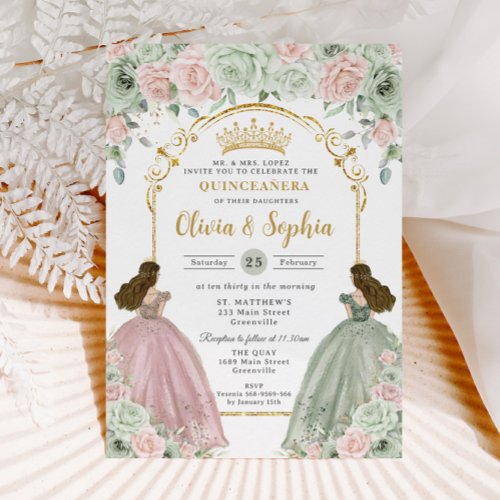 Sage Green Blush Floral Twins Gold Quinceaera  Invitation