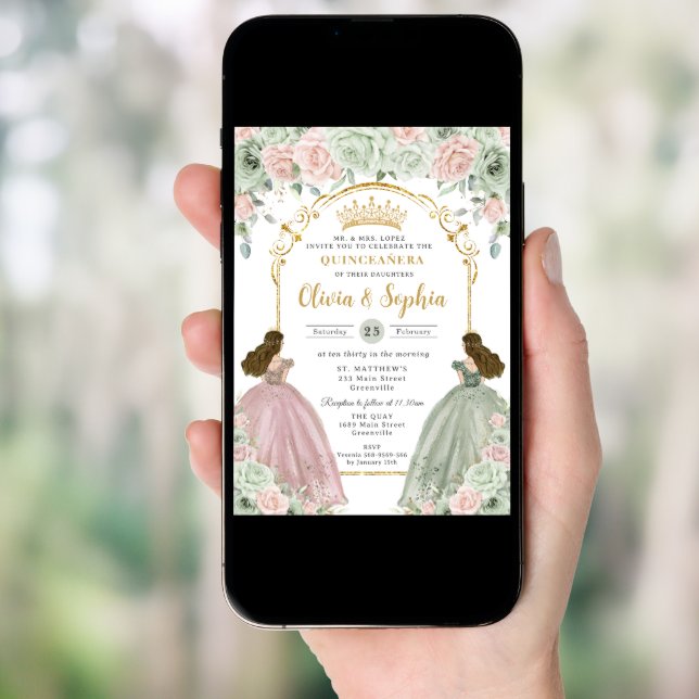 Sage Green Blush Floral Twins Gold Quinceañera  Invitation (Front Digital)
