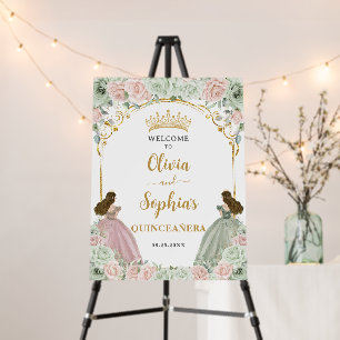 Sage Green Blush Floral Twins Quinceanera Welcome Foam Board