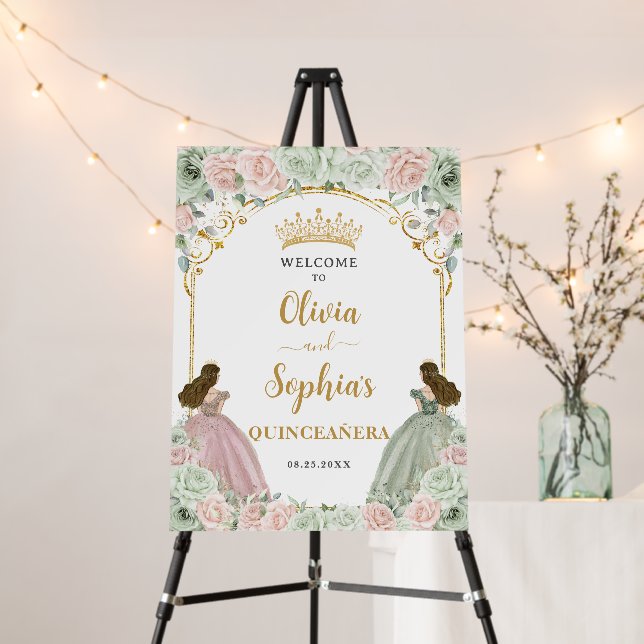 Sage Green Blush Floral Twins Quinceanera Welcome Foam Board (In Situ (Stand))