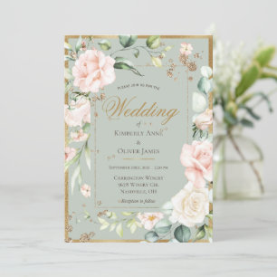 Sage Green Blush Floral Watercolor Wedding Invitation