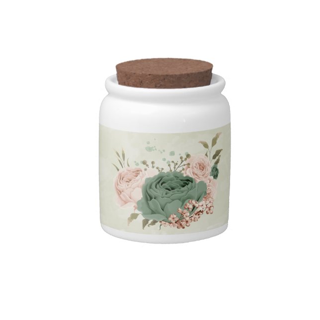 sage green blush floral wedding candy jar (Front)