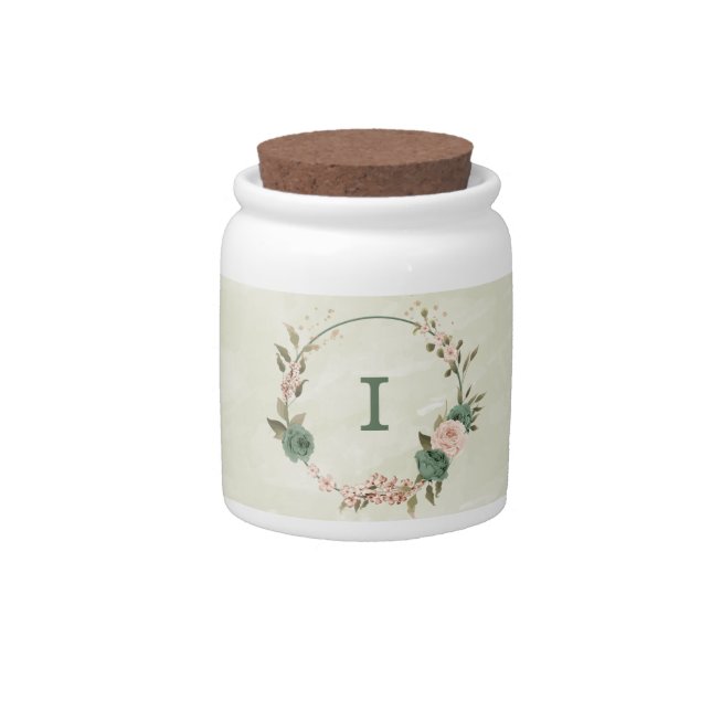 sage green blush floral wedding candy jar (Front)