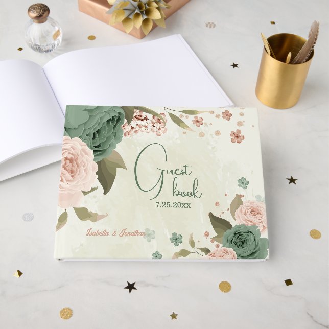 sage green blush floral wedding guest book (Front Open)