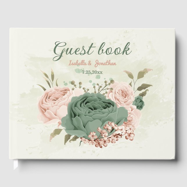 sage green blush floral wedding guest book (Front)