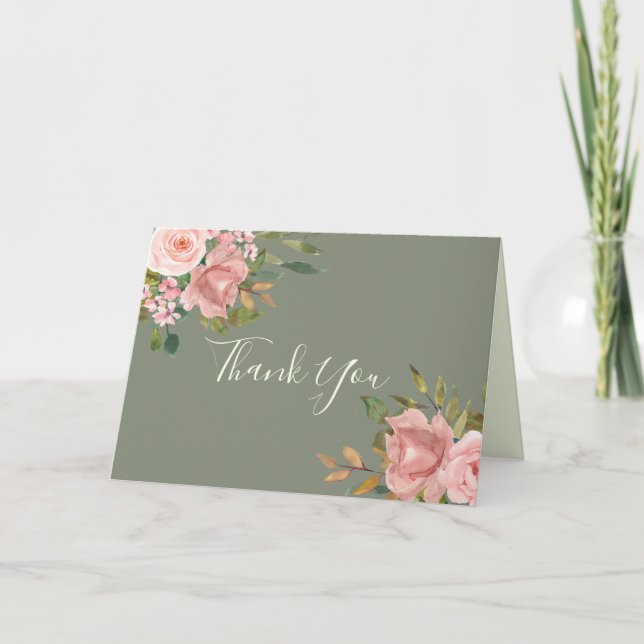 Sage Green Blush Floral Wedding Thank You Card (Front)