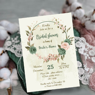 sage green blush flowers botanical bridal shower invitation