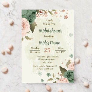 sage green blush flowers botanical bridal shower invitation