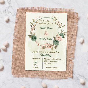sage green blush flowers botanical wedding invitation