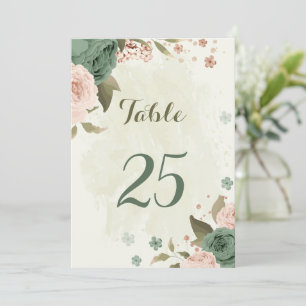 sage green blush flowers table number card