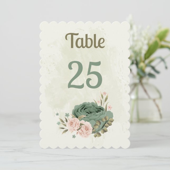 sage green blush flowers table number card (Standing Front)