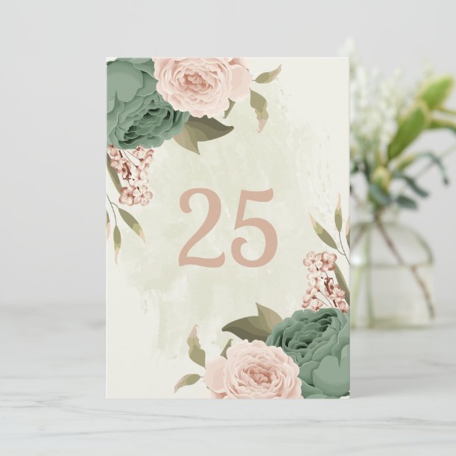 sage green blush flowers table number card (Standing Front)