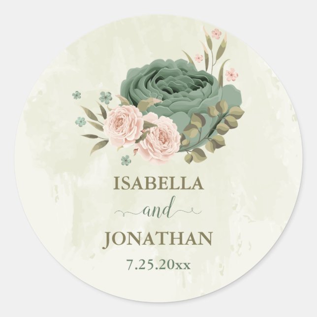 sage green blush flowers wedding classic round sticker (Front)