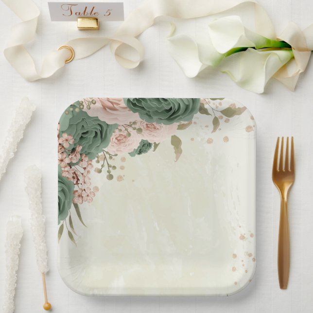sage green blush flowers wedding paper plates (Wedding)
