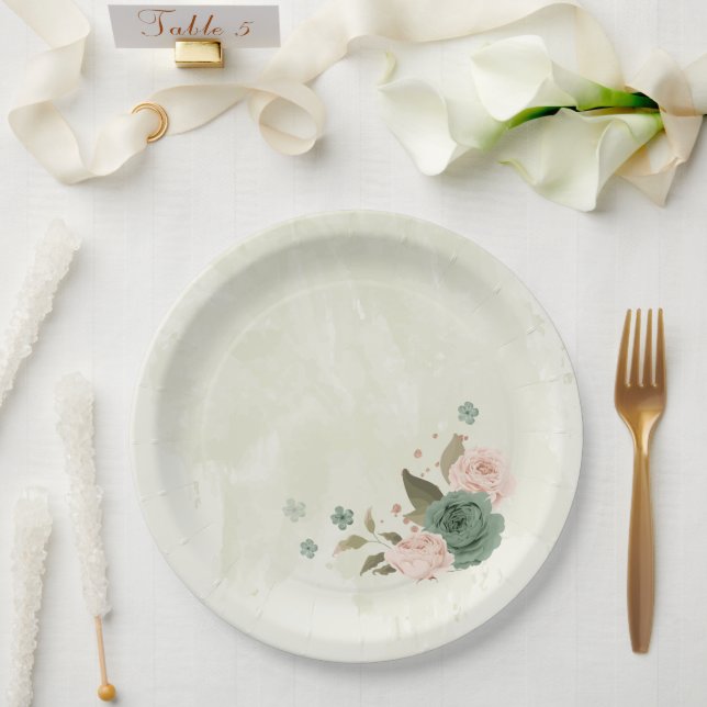 sage green blush flowers wedding paper plates (Wedding)
