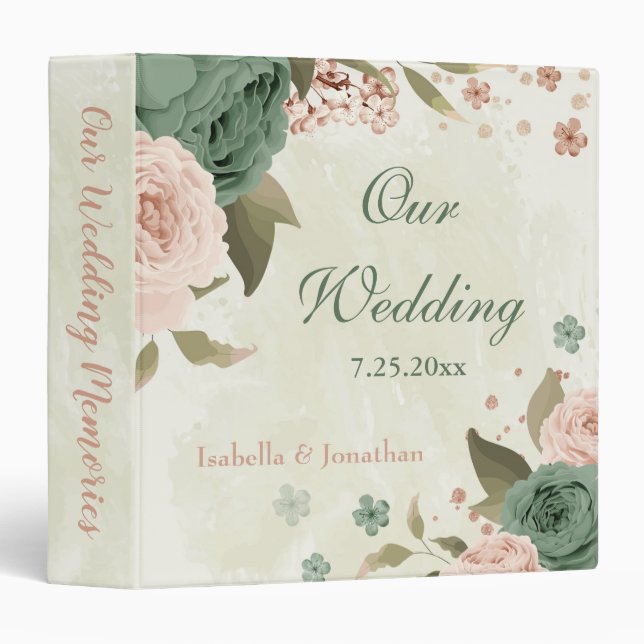 sage green blush flowers wedding photo album  3 ring binder (Front/Spine)