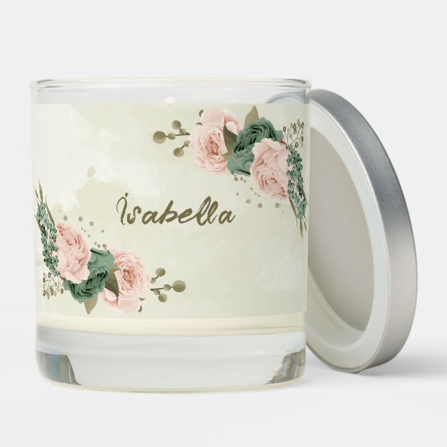 sage green blush flowers wedding scented candle (Lid)