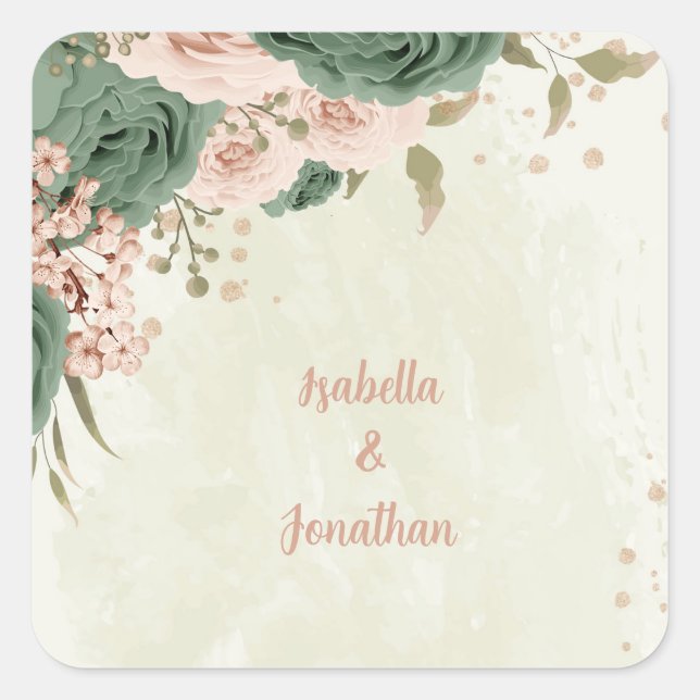 sage green blush flowers wedding square sticker (Front)