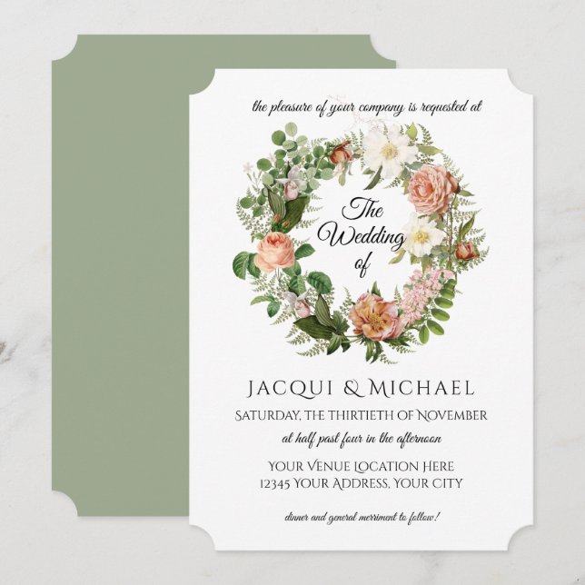Sage Green Blush Ivory Roses w Fern Wreath Wedding Invitation (Front/Back)