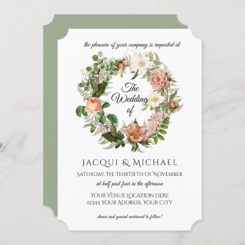 Sage Green Blush Ivory Roses w Fern Wreath Wedding Invitation