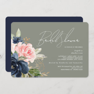 Sage Green Blush Navy Floral Bridal Shower Invitation