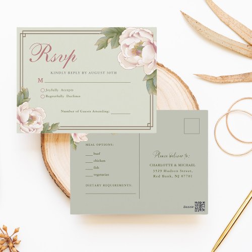 Sage Green  Blush Peony Rose Floral Wedding RSVP Postcard