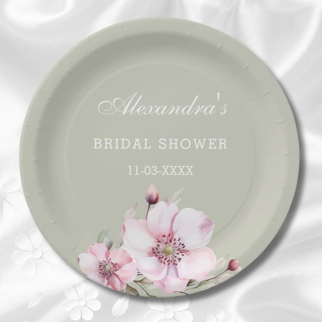 Sage Green Blush Pink Floral Bridal Shower  Paper Paper Plates (Creator Uploaded)