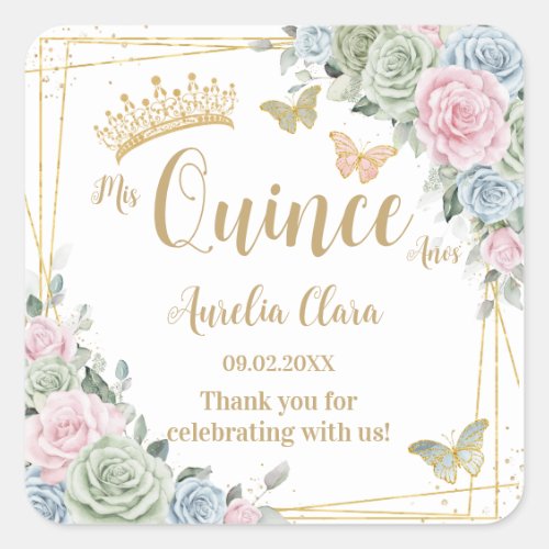 Sage Green Blush Pink Floral Butterfly Quinceanera Square Sticker