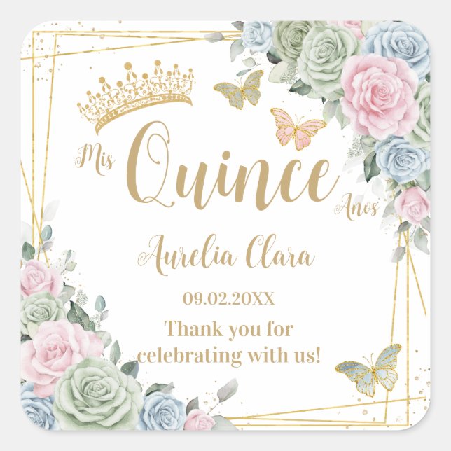 Sage Green Blush Pink Floral Butterfly Quinceanera Square Sticker (Front)