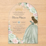Sage Green Blush Pink Floral Princess Quinceañera  Acrylic Invitations<br><div class="desc">Make a lasting impression with this elegant quinceañera acrylic invitation featuring a beautiful girl in a flowing sage green dress, surrounded by soft blush pink, sage green florals and shimmering gold elements. Perfect for a modern and sophisticated 15th birthday celebration, this high-quality clear acrylic invitation adds a touch of luxury...</div>