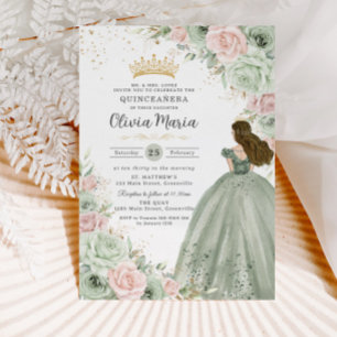 Sage Green Blush Pink Floral Princess Quinceañera Invitation