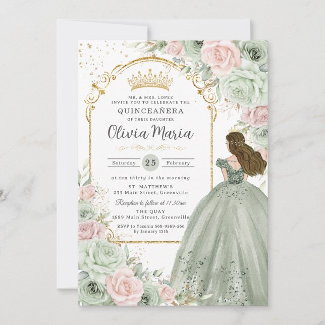 Sage Green Blush Pink Floral Princess Quinceañera  Invitation (Front)