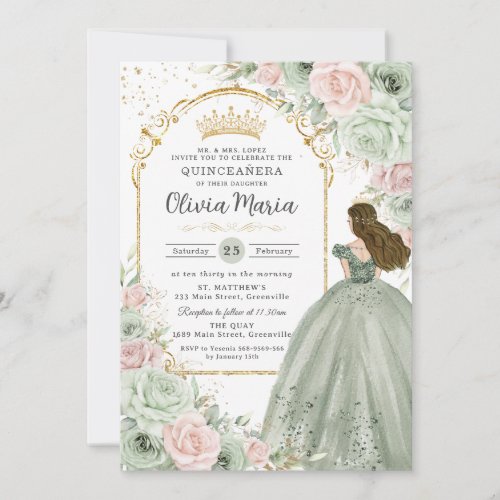 Sage Green Blush Pink Floral Princess Quinceaera  Invitation
