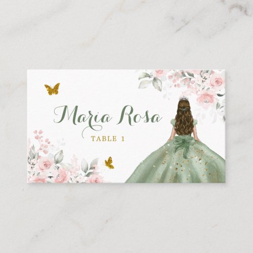 Sage Green Blush Pink Floral Princess Quinceaera Place Card