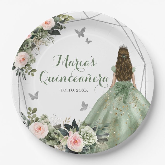 Sage Green Blush Pink Floral Princess XV Años Paper Plates (Front)