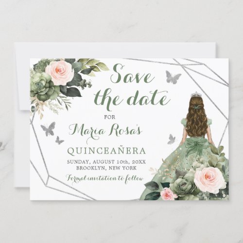 Sage Green Blush Pink Floral Quinceaera Invitation