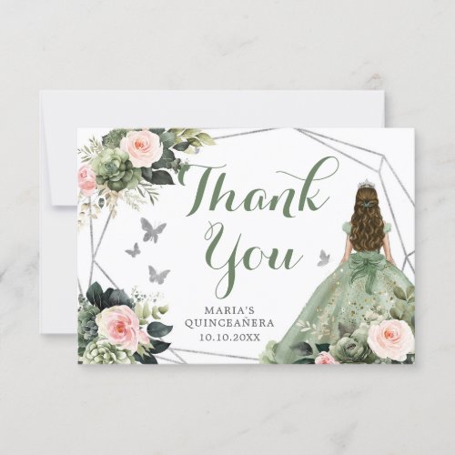 Sage Green Blush Pink Floral Quinceaera Thank You Card