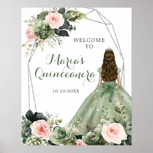 Sage Green Blush Pink Floral Quinceaera Welcome Poster
