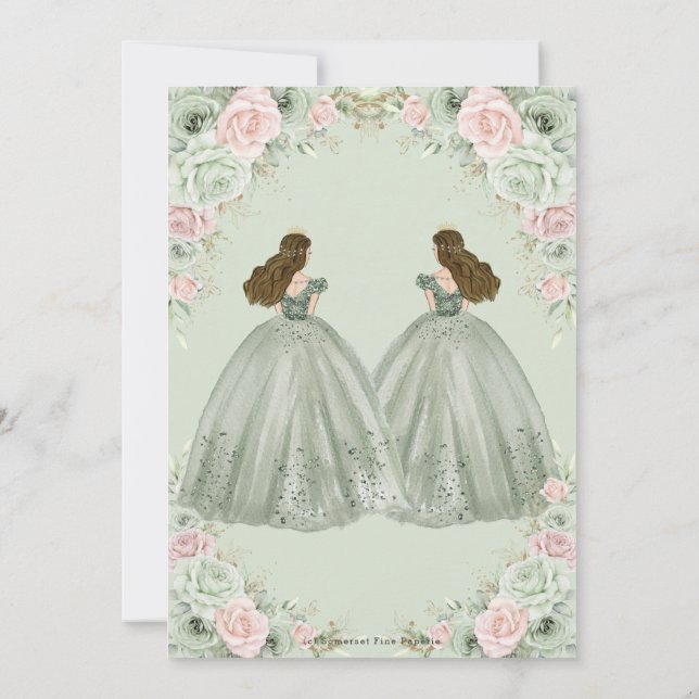 Sage Green Blush Pink Floral Twins Quinceaera Invitation | Zazzle
