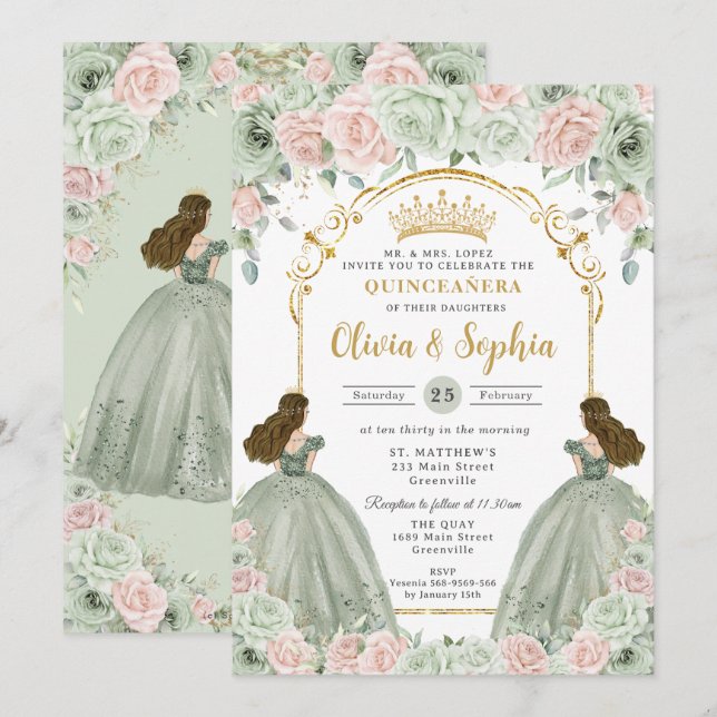 Sage Green Blush Pink Floral Twins Quinceaera Invitation | Zazzle