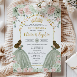 Sage Green Blush Pink Floral Twins Quinceañera Invitation