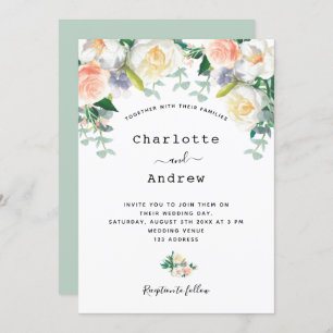 Sage green blush pink florals eacalyptus wedding invitation