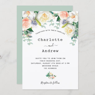 Sage green blush pink florals eacalyptus wedding invitation