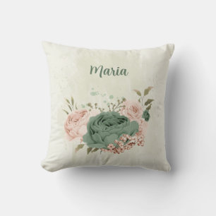sage green blush pink flowers throw pillow