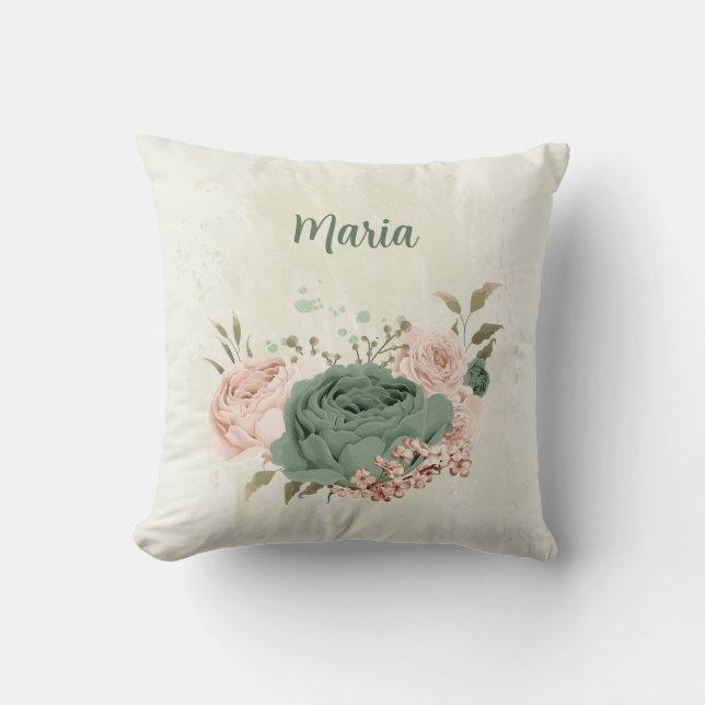 sage green blush pink flowers throw pillow (Front)