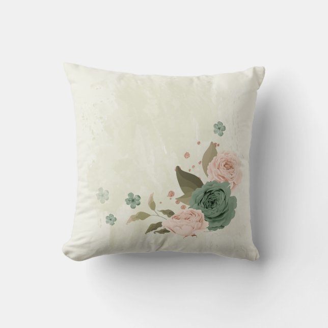 sage green blush pink flowers throw pillow (Front)
