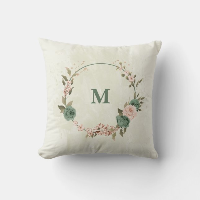 sage green blush pink flowers throw pillow (Front)