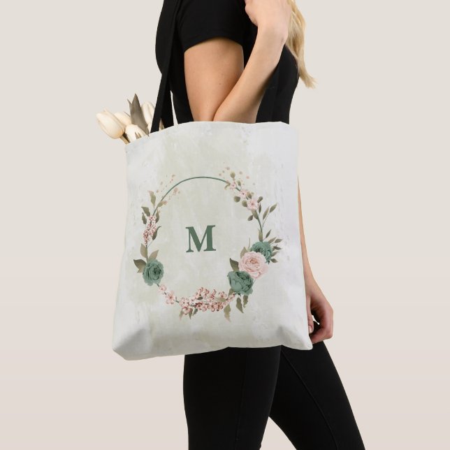 sage green blush pink flowers tote bag (Close Up)